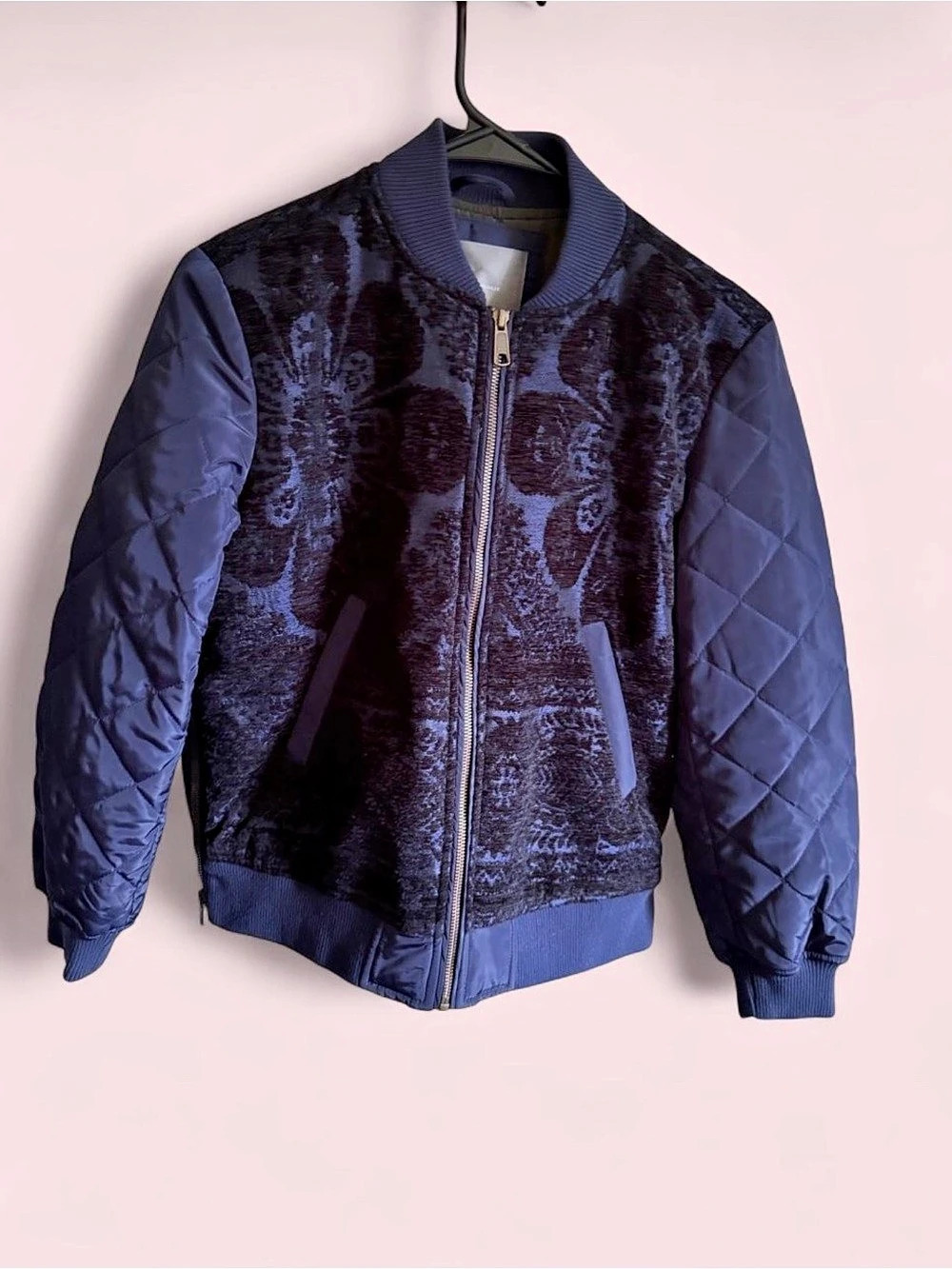 Anthropologie Floral Quilted Bomber Jacket Blue & Black XS Like New